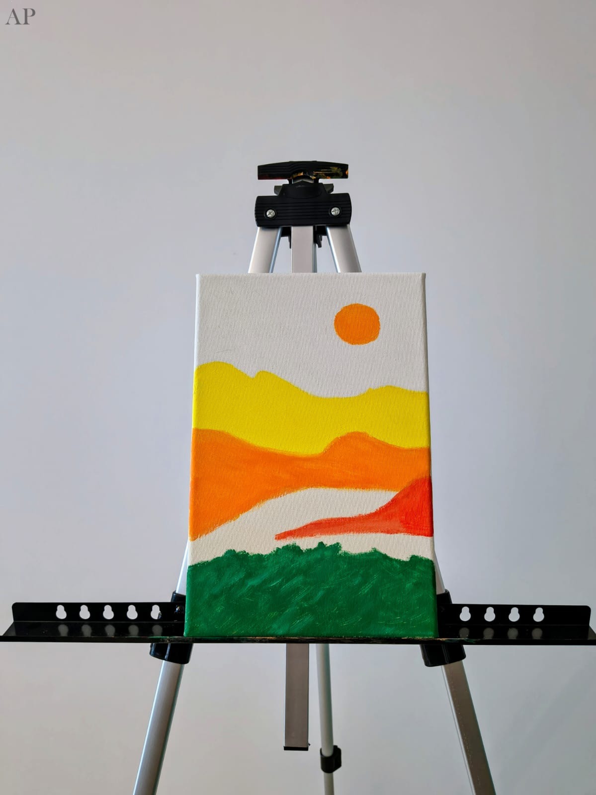 Tablou modern Soare intre dealuri - Pictura manuala pe panza acrilic - Pictură contemporană - București