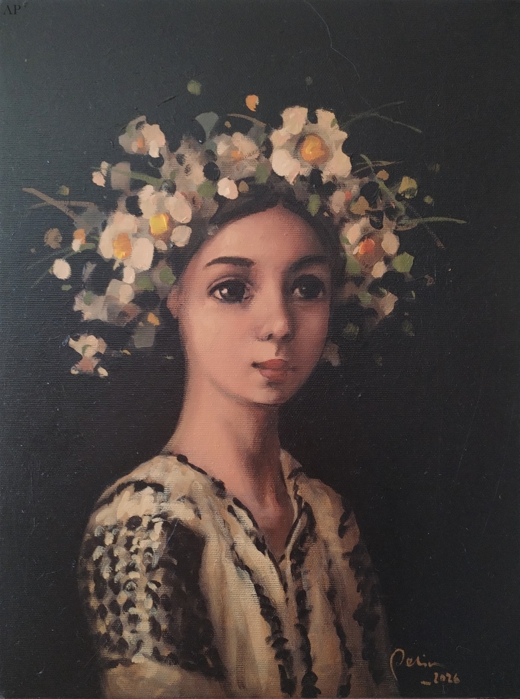 Pictura ,Coronita din flori de camp, ulei panza , 30/40 cm - Pictură contemporană - București