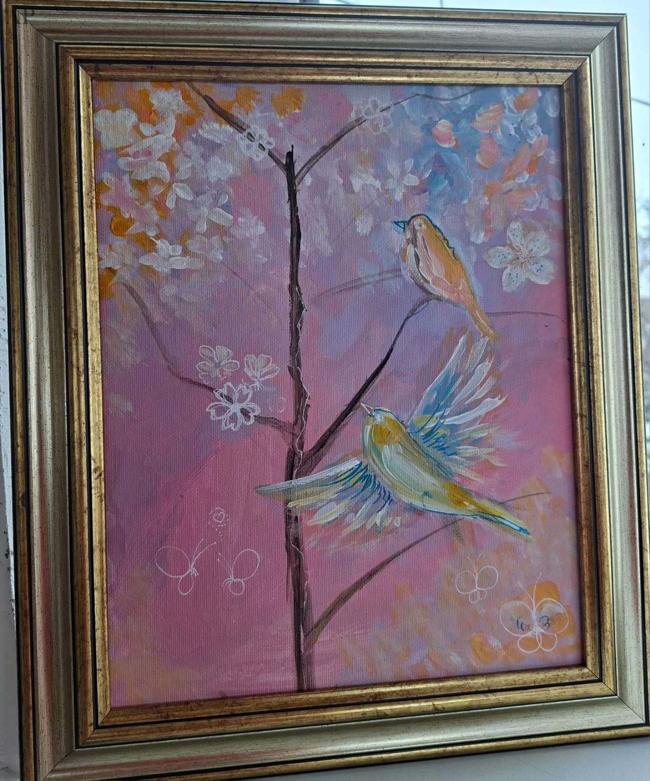 Birds on the tree, pictura in acrilic pe panza, noua - Pictură contemporană - Prahova