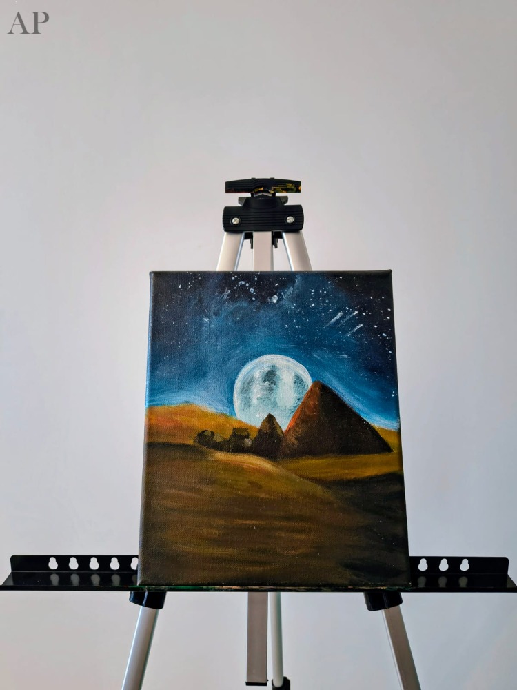 Tablou pictat manual SF / Piramida pe Luna - Acrilic pe panza - Pictură contemporană - București