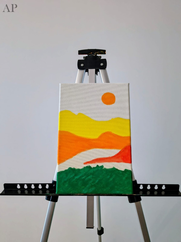 Tablou modern Soare intre dealuri - Pictura manuala pe panza acrilic - Pictură contemporană - București