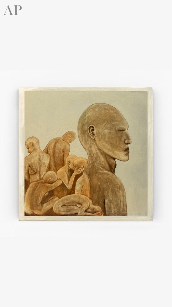 „Inner Crowd” – Pictură contemporană figurativă, tehnică mixtă, 120 × 120 cm - Pictură contemporană - Constanța