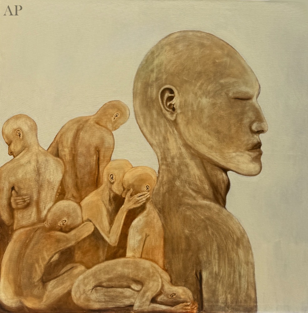 „Inner Crowd” – Pictură contemporană figurativă, tehnică mixtă, 120 × 120 cm - Pictură contemporană