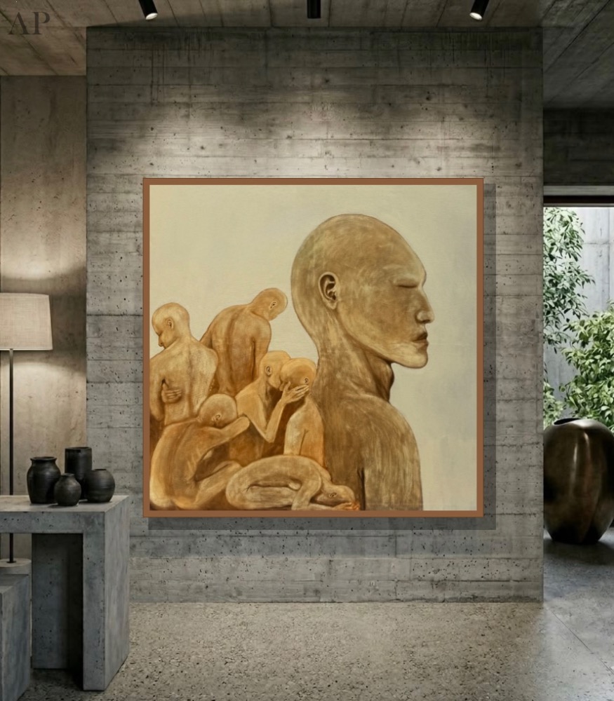 „Inner Crowd” – Pictură contemporană figurativă, tehnică mixtă, 120 × 120 cm - Pictură contemporană