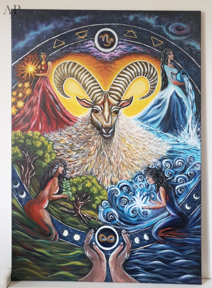 Capricorn – Echilibrul lumilor — Colecția Zodiac, 100x70 cm - Pictură contemporană - Alba