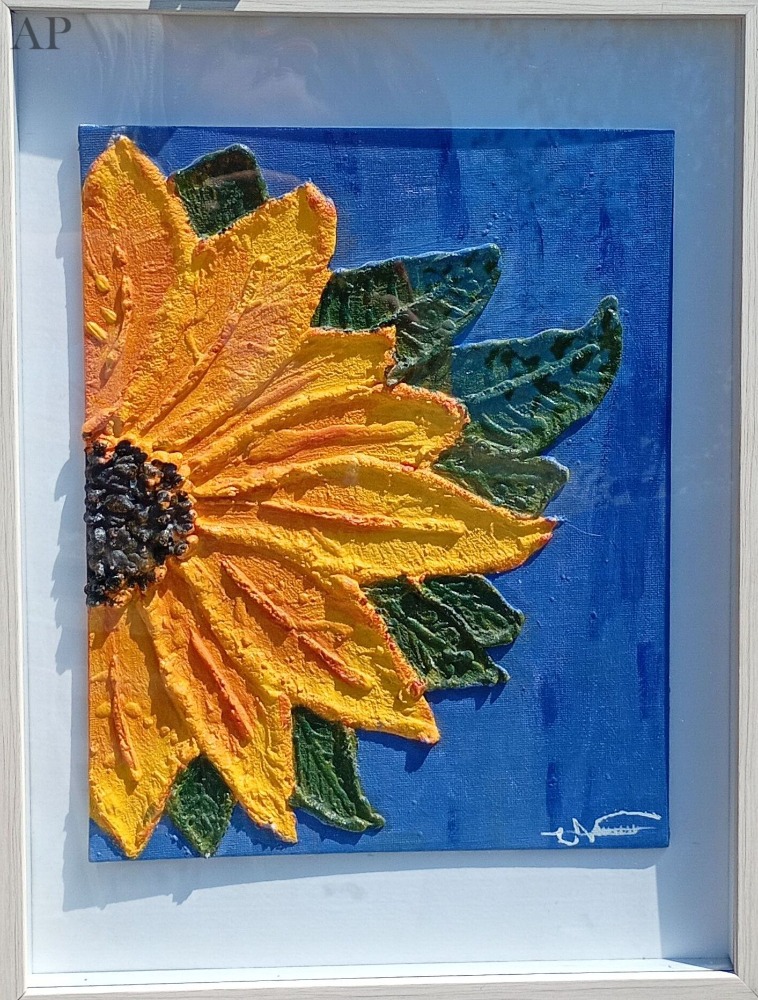 Tablou pictat manual - Floarea-soarelui în relief - Pictură contemporană - Vrancea
