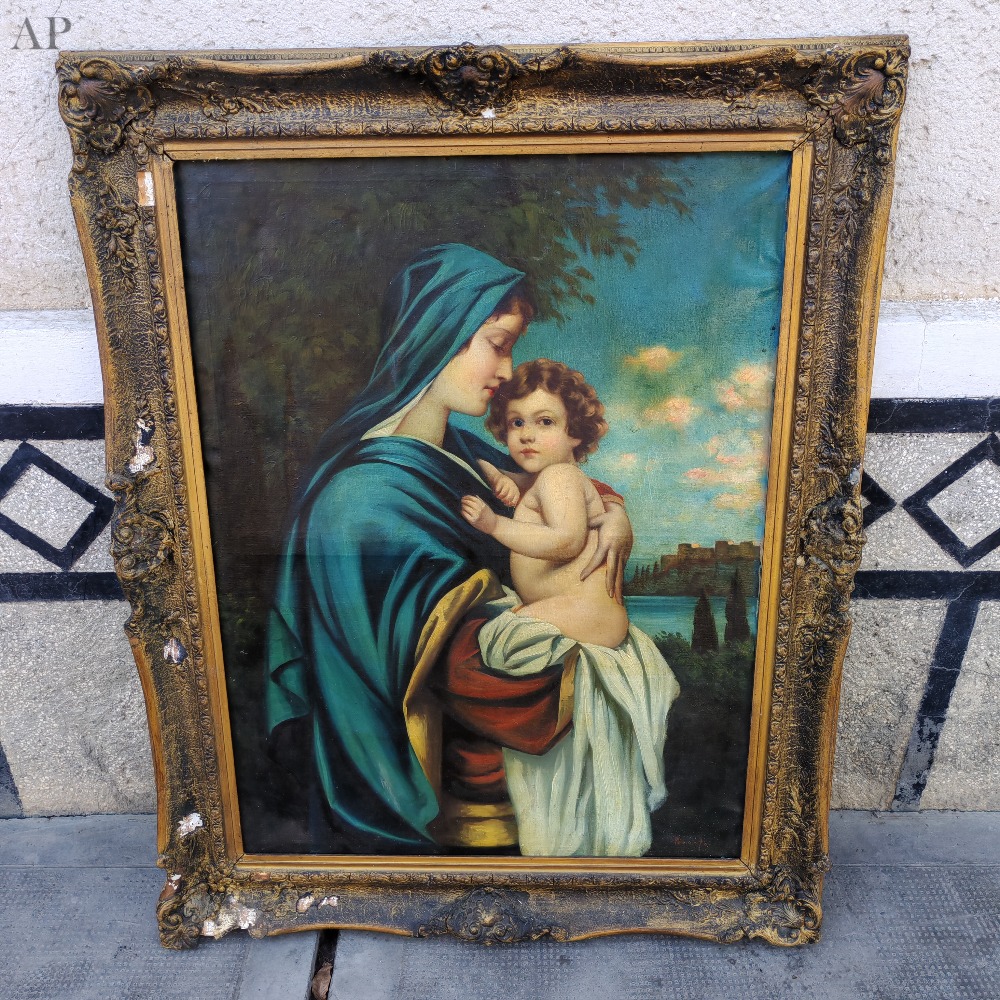 Tablou autentic în ulei 75x100 cm, replică de epocă inspirată după celebra operă „Madonnina” de Roberto Ferruzzi, cu ramă barocă originală - Lucrări cu temă religioasă - Satu Mare