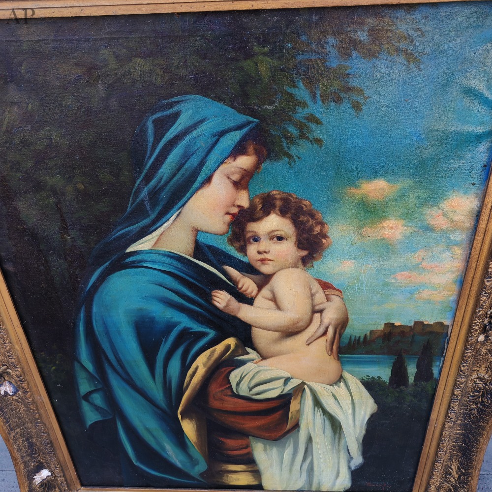 Tablou autentic în ulei 75x100 cm, replică de epocă inspirată după celebra operă „Madonnina” de Roberto Ferruzzi, cu ramă barocă originală - Lucrări cu temă religioasă