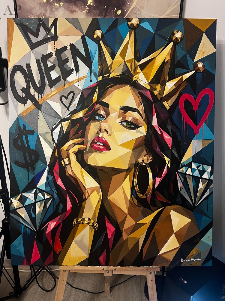 QUEEN – Tablou Original Luxury Pop Art, Pictură Acrilică Handmade, 150 × 100 cm - Pictură contemporană